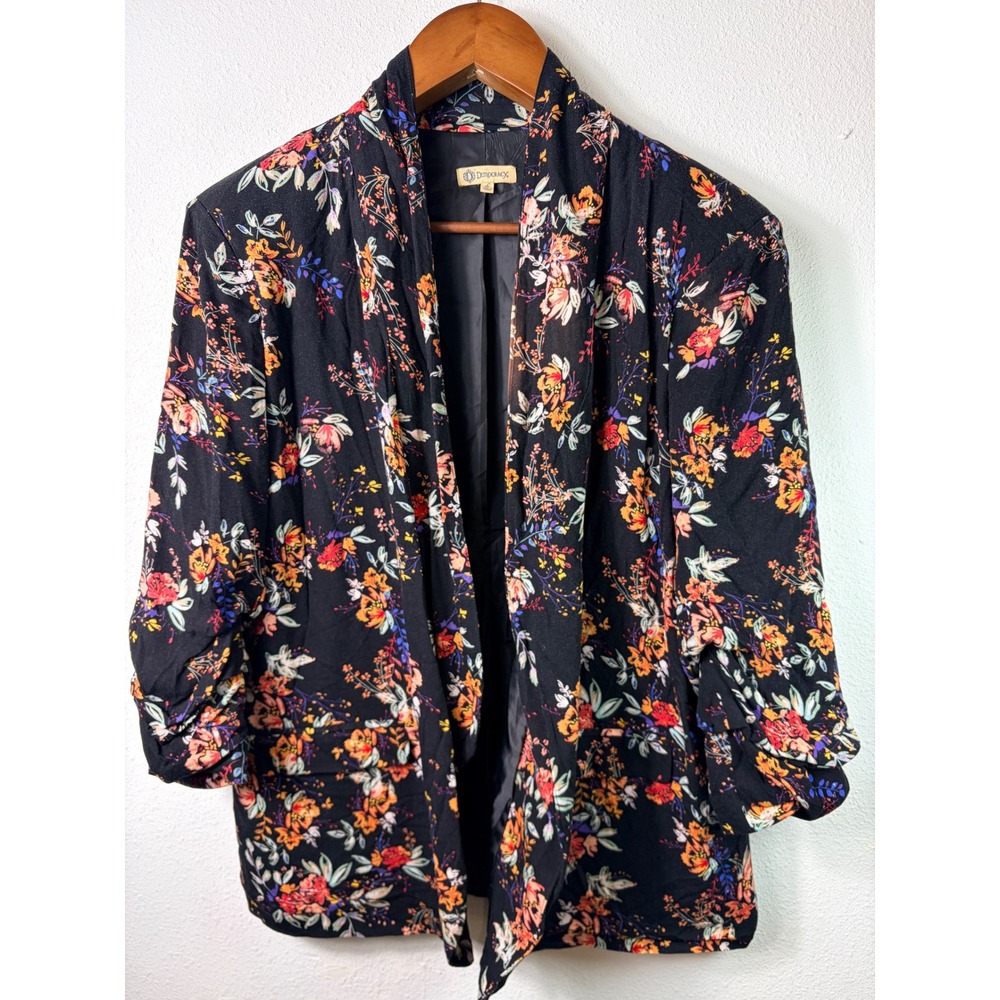 Democracy Womens Blazer Black Floral Large Ruched 3/4 Sleeve Open Front Boho